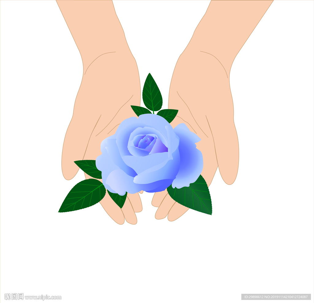 矢量图双手托捧绿叶蓝色玫瑰花