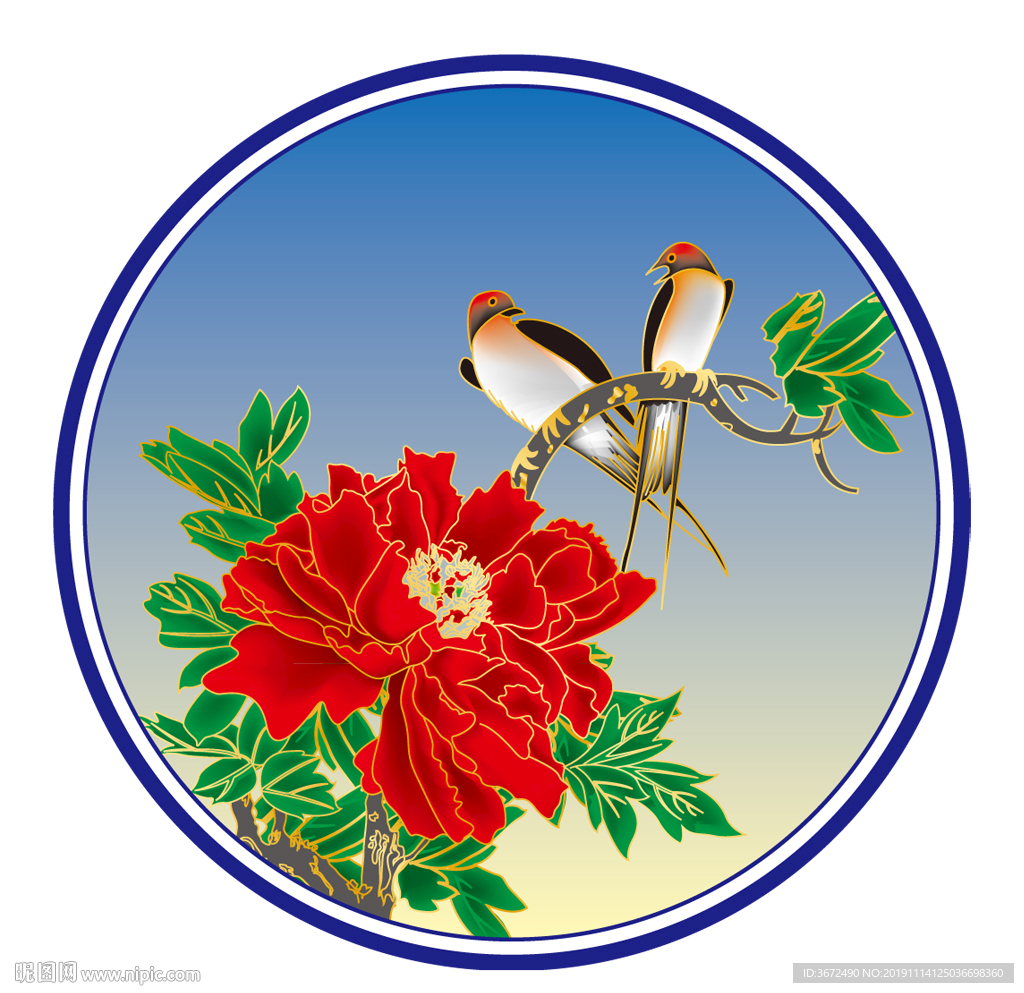 牡丹 喜鹊 鸟 花 圆