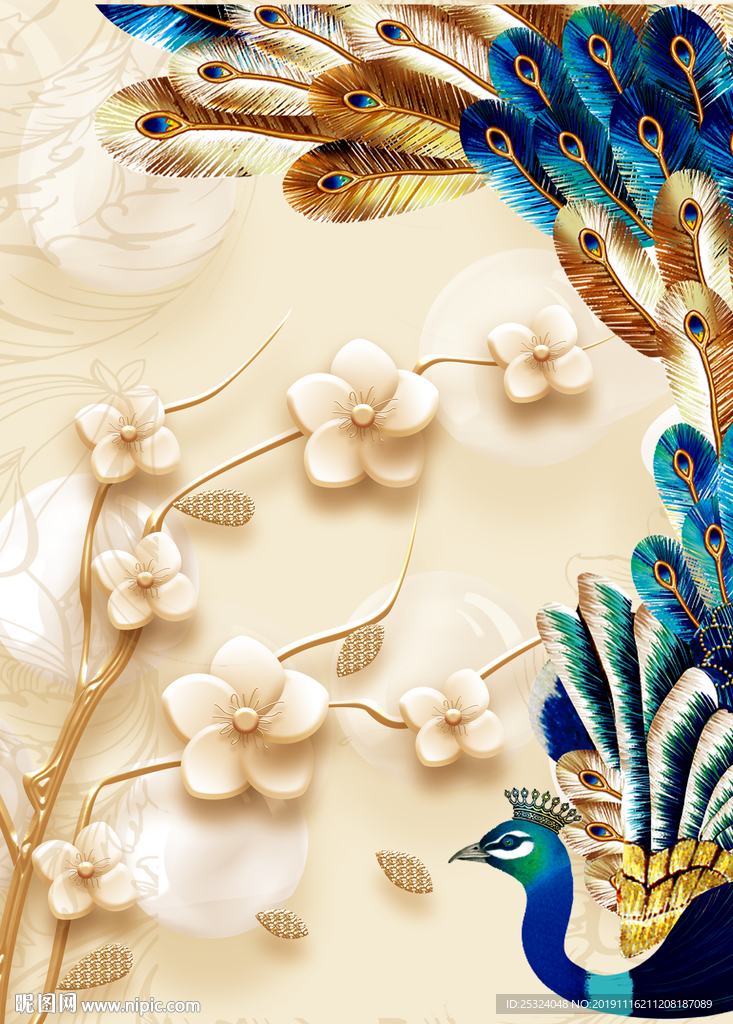 孔雀玄关装饰画图片  浮雕花