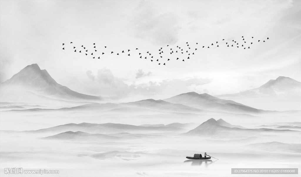 大理石纹山水日出背景墙浩渺烟波