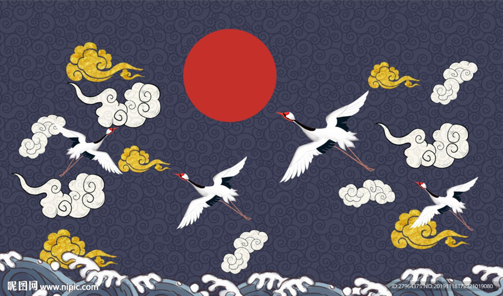 国潮新中式仙鹤祥云吉祥如意背景
