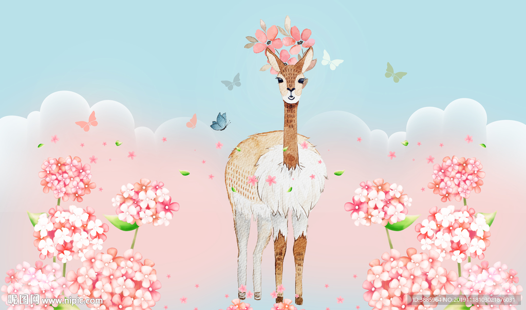 北欧现代简约手绘鹿背景墙壁画图