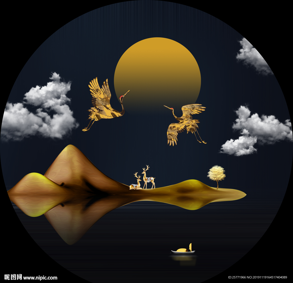 古典新中式国潮山水仙鹤装饰画