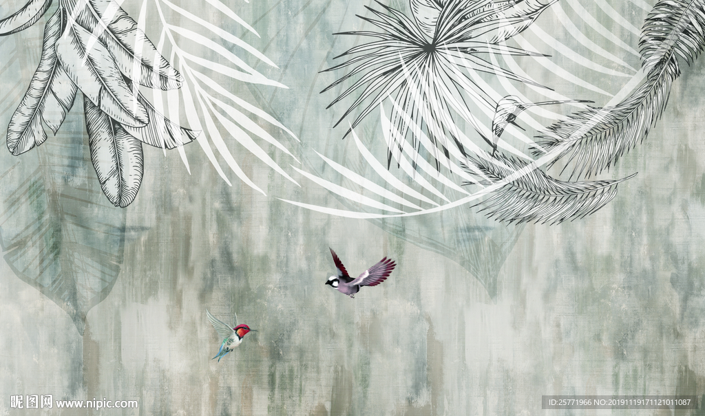 北欧简约抽象手绘树叶小鹿背景墙