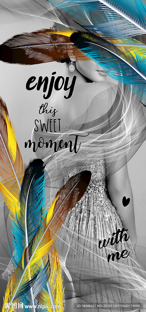 蓝色羽毛欧美美女英文玄关