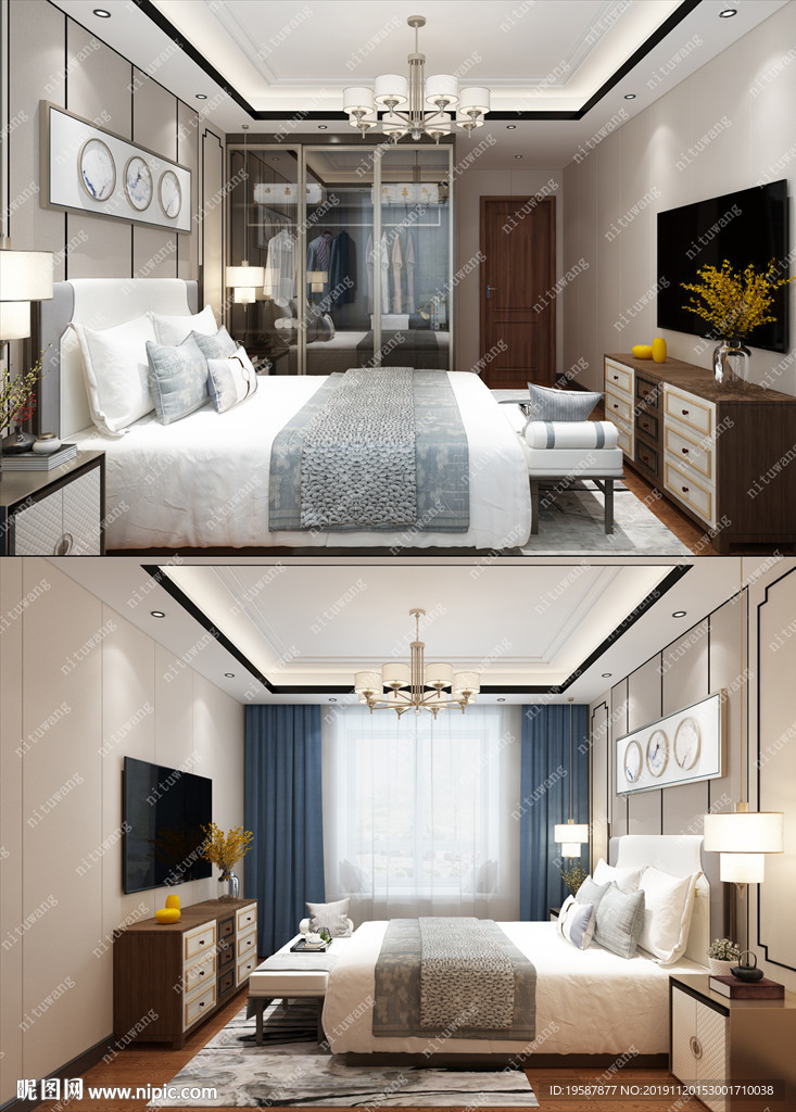 新中式主卧集成墙面模型效果图