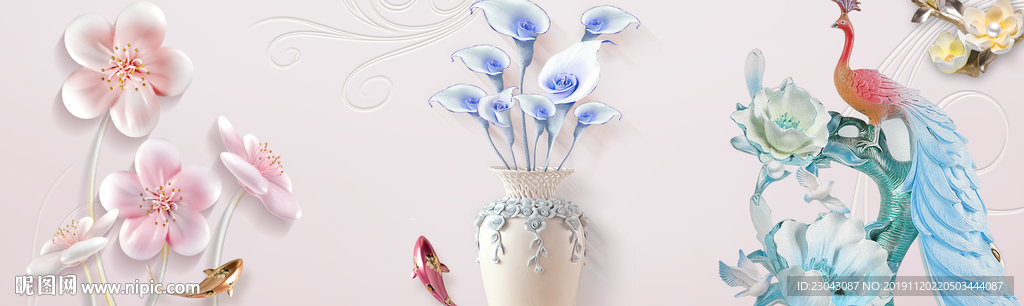 浮雕孔雀花瓶玫瑰花三联装饰画