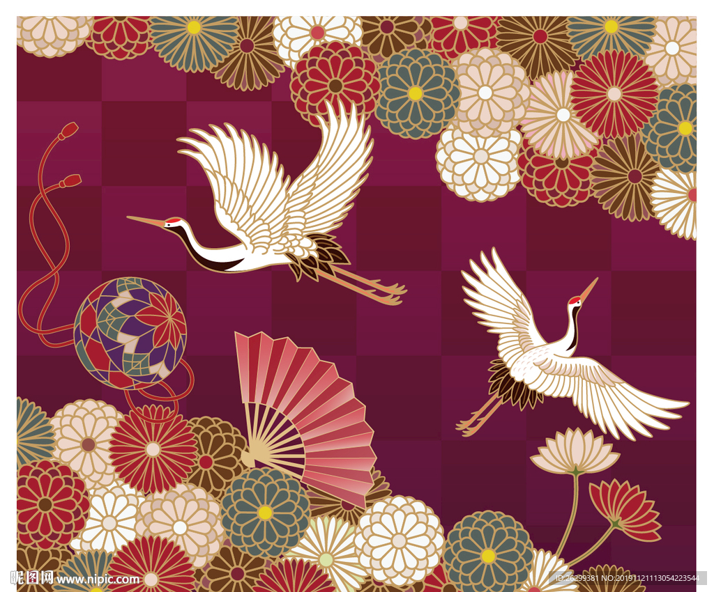 国潮中式仙鹤花