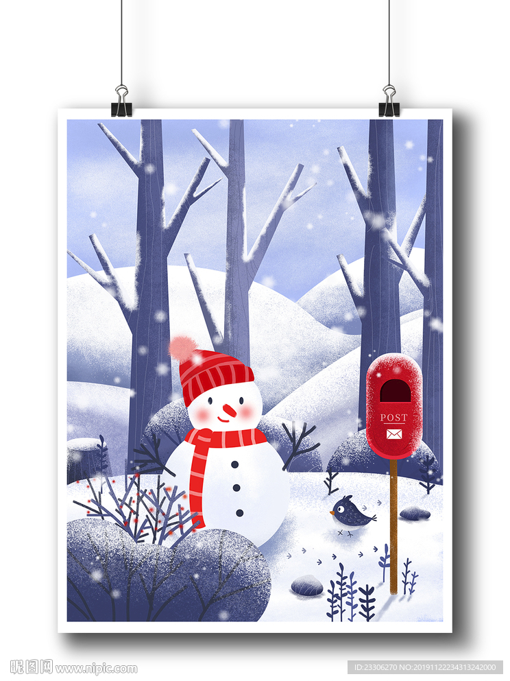 动画漫画插画冬天雪人小鸟山包