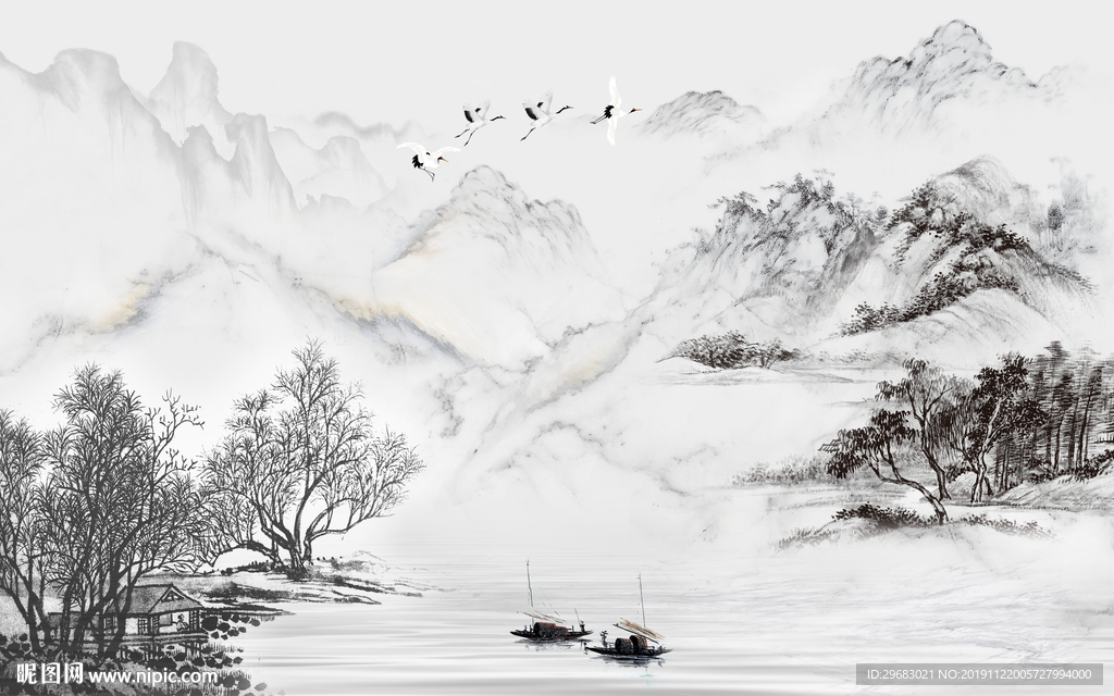 黑白灰新山水风景画 TIF分层