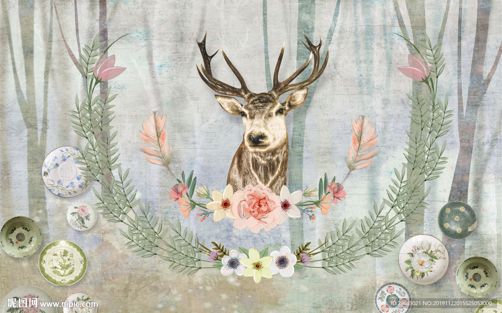 麋鹿 奢华装饰画 TIF分层