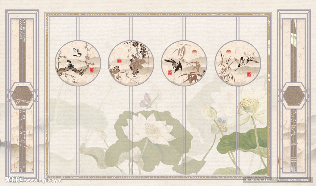 新中式三联莲池电视背景墙