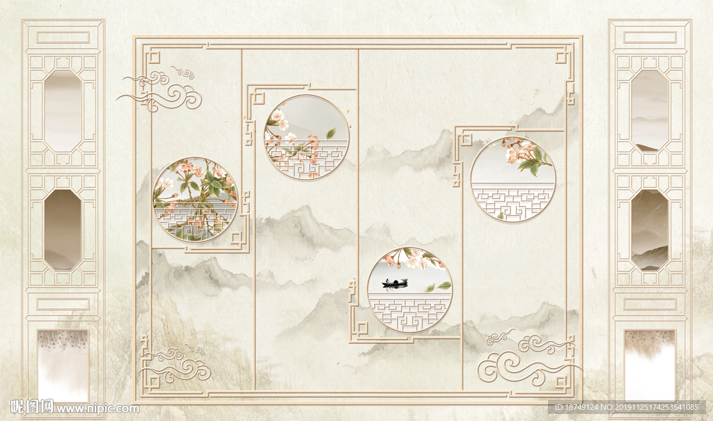 新中式三联米黄电视背景墙