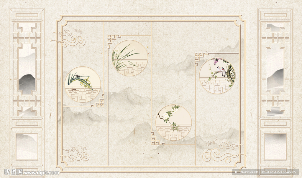 新中式三联米黄电视背景墙