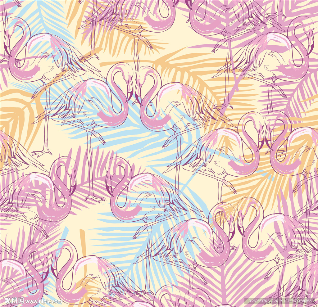 浪漫火烈鸟 椰子叶 满福图案