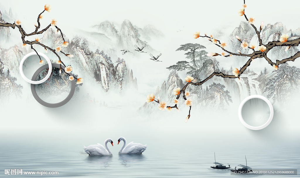 花鸟山水中国风画 TIF分层