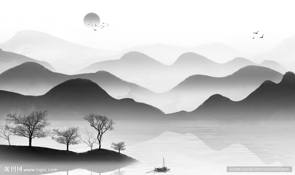 灰色山水中国风画 TIF分层