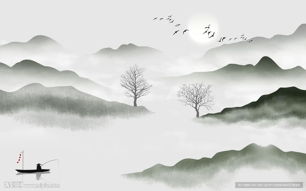 手绘山水背景墙画 TIF分层