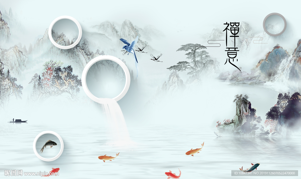 禅意山水背景墙画 TIF分层