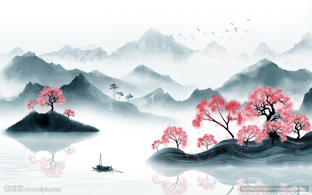 新中式山水背景墙画 TIF分层