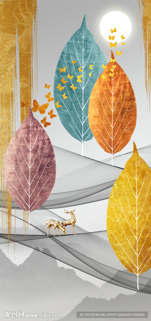 金色叶子玄关背景墙