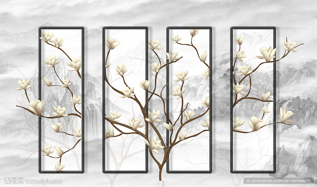 新中式四联树枝电视背景墙