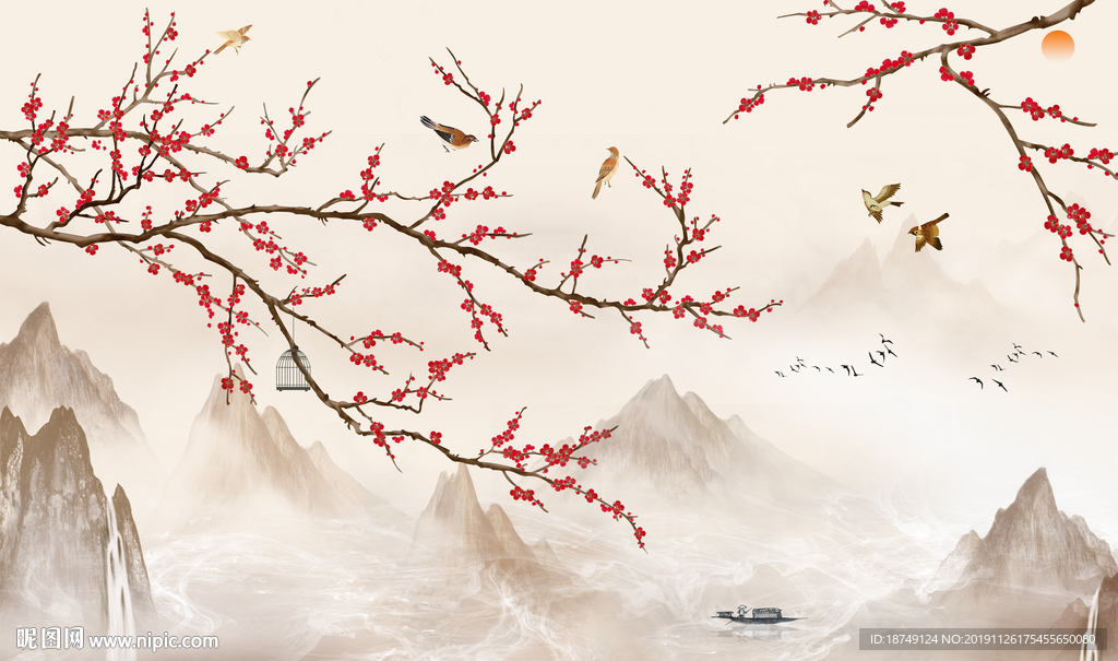 新中式浅黄花鸟电视背景墙