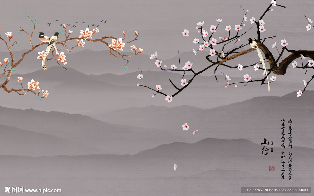花鸟山水背景墙画 TIF分层