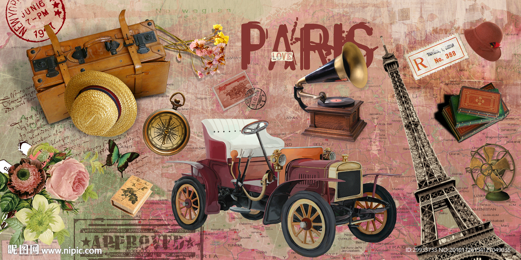 复古怀旧巴黎铁塔老爷车背景墙