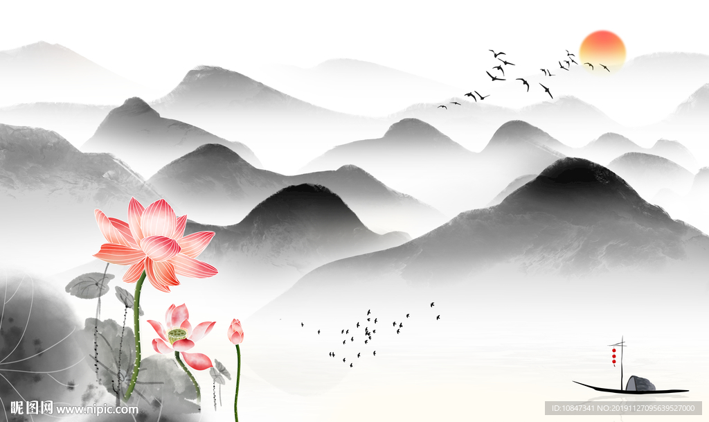 水墨山水背景墙画 TIF分层