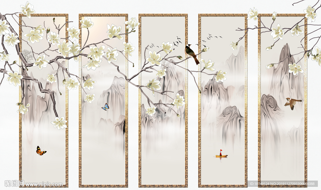 新中式五联电视背景墙