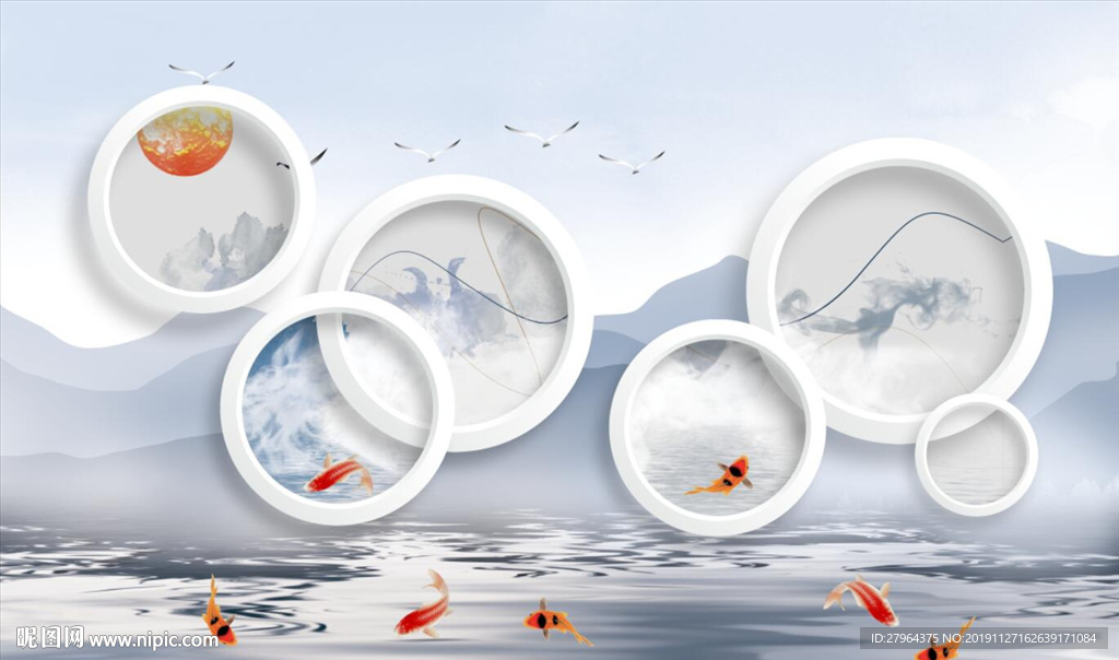 新中式3D立体圆圈意境背景墙