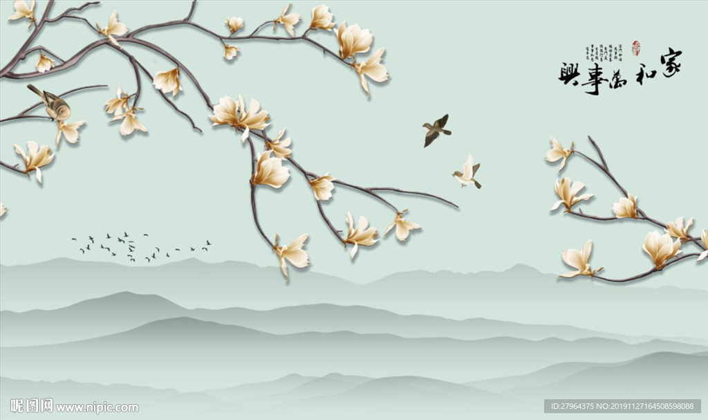 中式花鸟梨花开电视背景墙