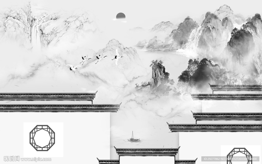 徽派风景山水框画 TIF分层