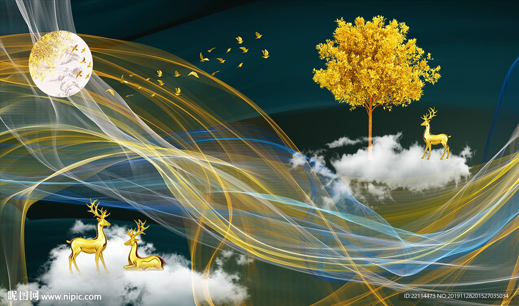 新中式抽象夜空梅花鹿祥云装饰画