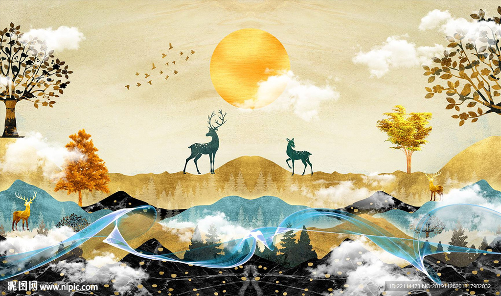 3D金色抽象梅花鹿森林金箔画