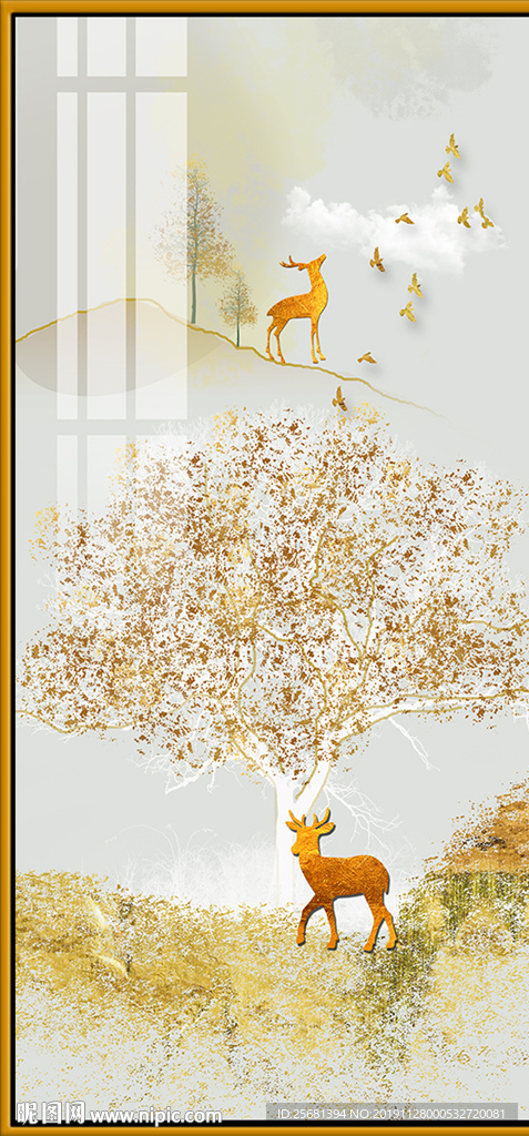 装饰画现代简约金色山水麋鹿富贵