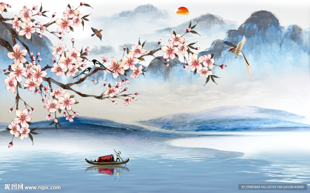 花鸟 简约中式山水 tif分层