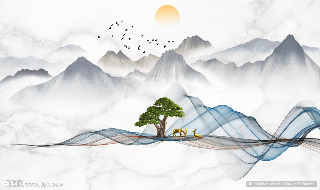 线条简约中式山水 tif分层