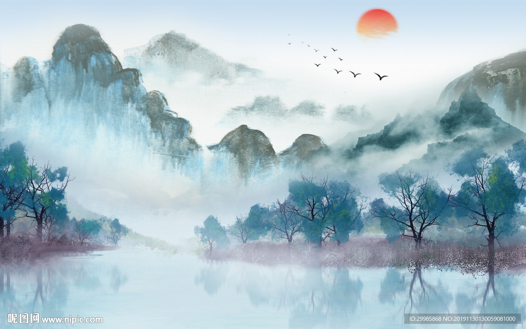 最新简约中式山水 tif分层