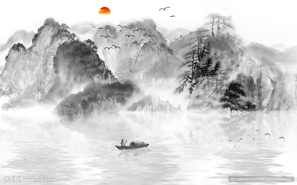 灰色简约中式山水 tif分层