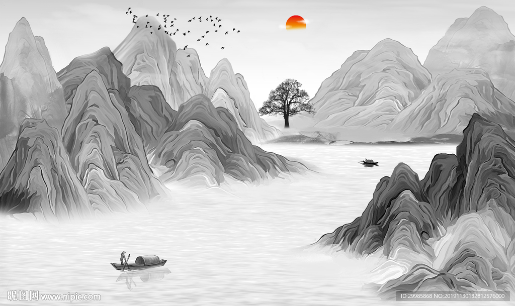 中式 意境国画山水 tif分层