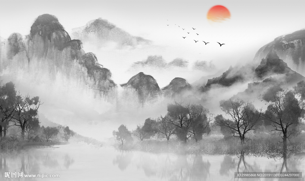 新中式意境国画山水 tif分层