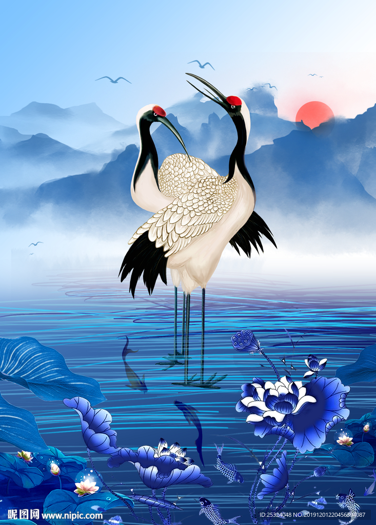 仙鹤 荷花 山 日出东方图片