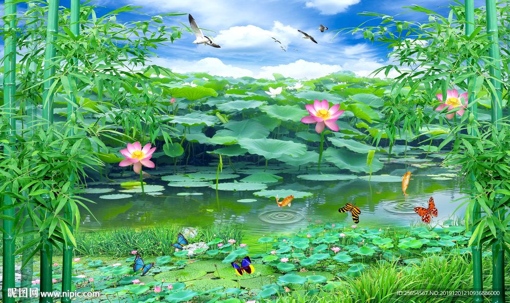 绿竹荷花电视背景墙