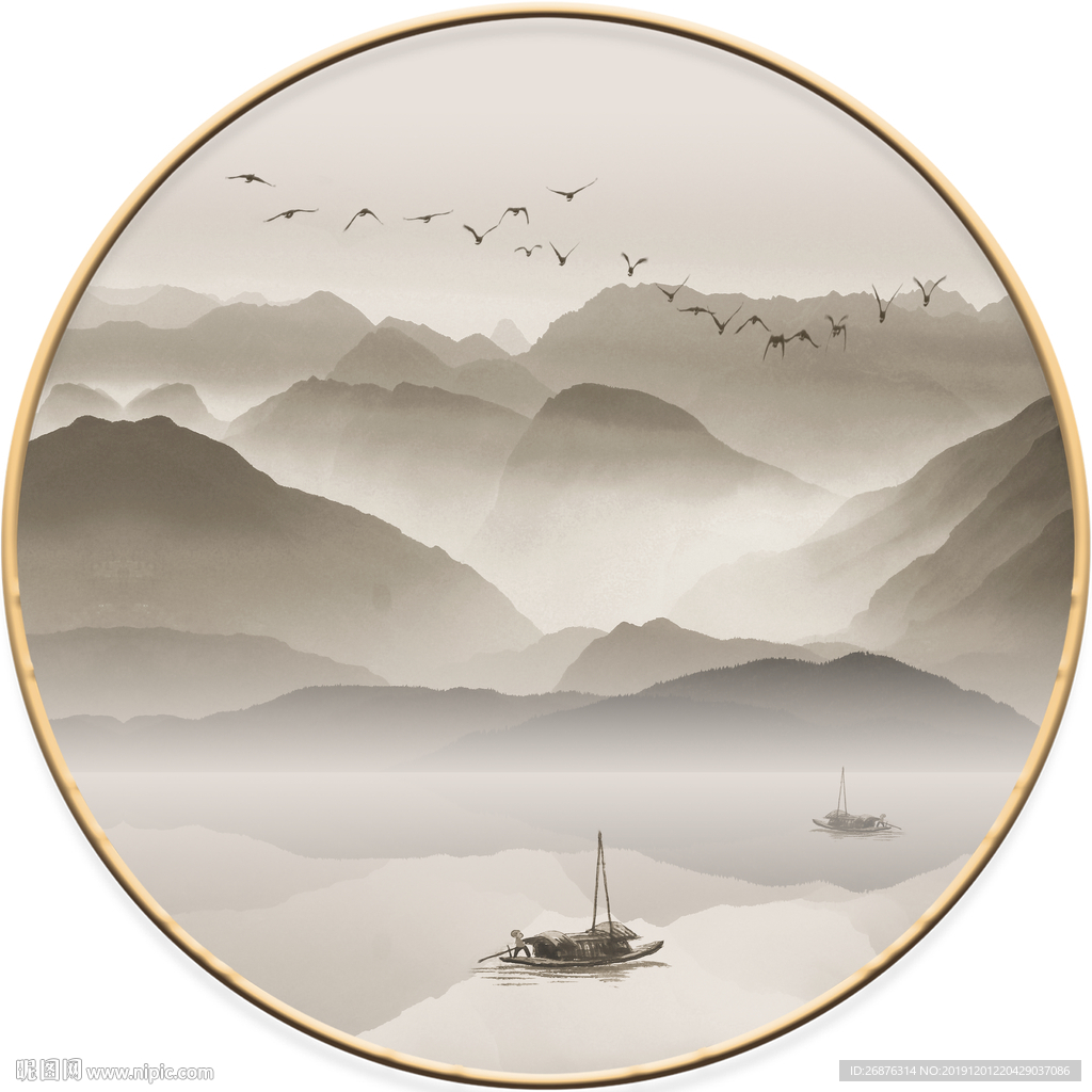 新中式禅意水墨山水圆框装饰画