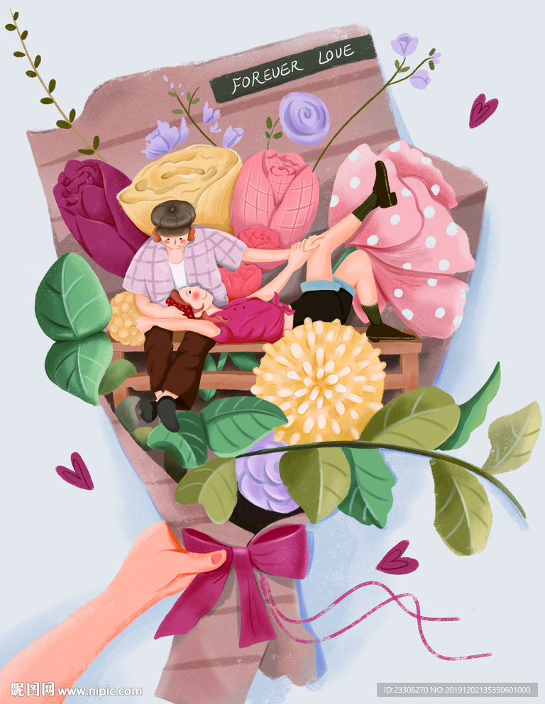 情侣插画漫画花朵手叶子鲜花写真