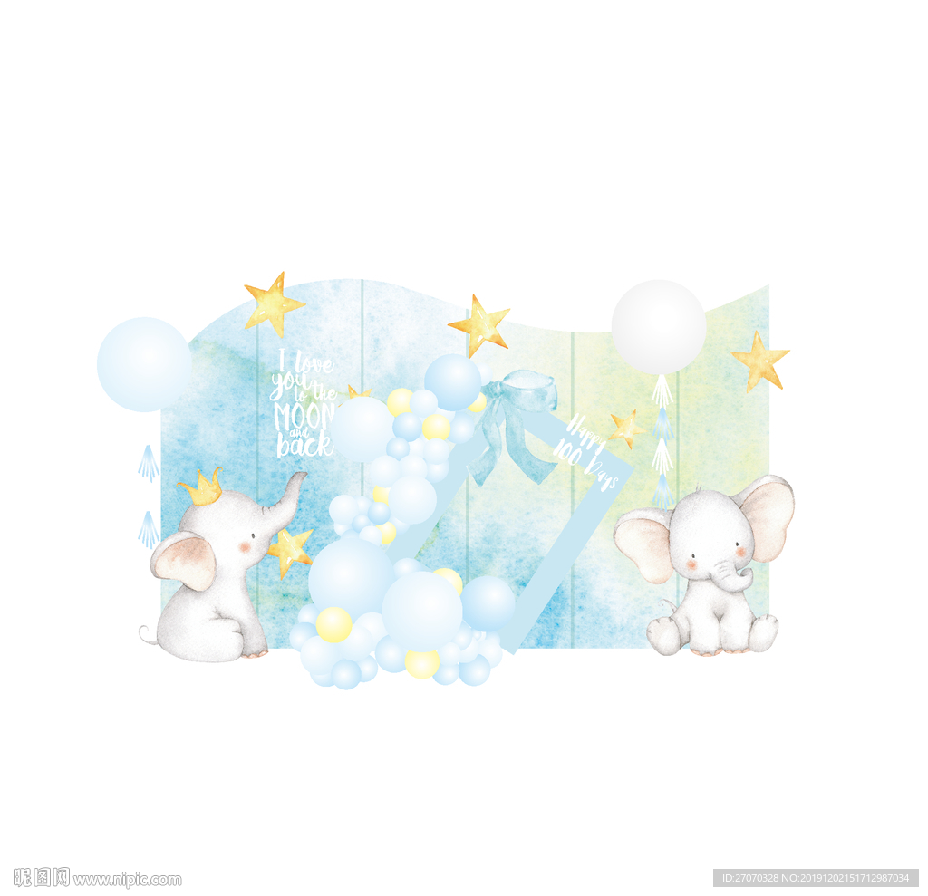 蓝色水彩小飞象