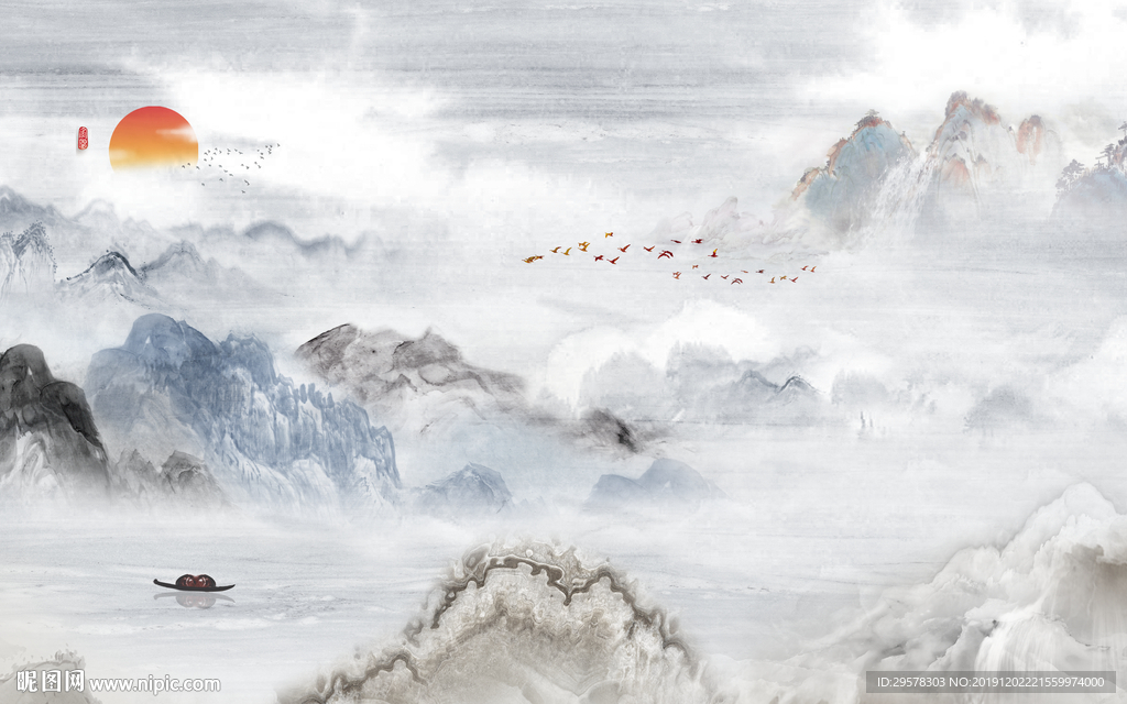 现代山水画背景墙 TIF分层