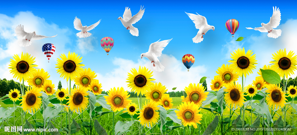 蓝天白云向日葵风景背景墙